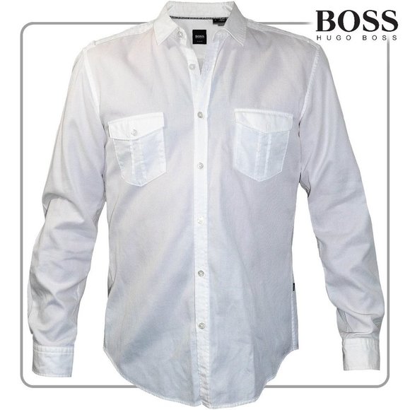 Hugo Boss Men's White Button Down Waffle Fabric with Epaulettes (size Large) - Picture 1 of 4